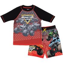 Conjunto de roupas de banho Monster Jam Grave Digger Megalodon El Toro Loco Little Boys Swimwear Rash Guard and Swim Sunks vermelho/multicolorido, 4, Monster Jam, vermelho