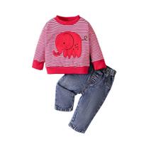 Conjunto de Roupas de Bebê - Jeans Listrado com Elefante - Primavera/Outono (0-24 Meses)