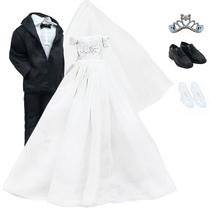 Conjunto de roupas de boneca BJDBUS Wedding White Dress, véu de noiva e terno