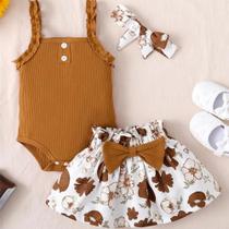 Conjunto De Roupas De Verão Para Bebê Menina 3 Peças: Body Sem Mangas, Saia Floral E Faixa De