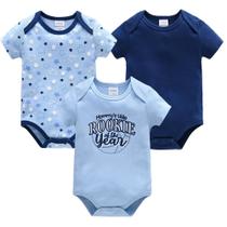 Conjunto De Roupas De Verão Para Bebê Menino 3 Peças 100% Algodão Azul Cinza Com Estampa De Gravata