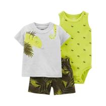 Conjunto De Roupas De Verão Para Bebê Menino Dinossauro Fofo 100% Algodão Camiseta Body Curto Roupa