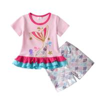 Conjunto De Roupas De Verão Para Meninas, Blusas De Manga Curta E Shorts Com Aplique De Sereia, Conjunto De Roupas De Verão Para Meninas, Blusas De Manga Curta E Shorts Com Aplique De Sereia,