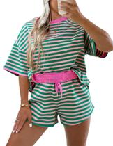 Conjunto de roupas esportivas Ecosunny Women Stripe Terry Short com bolso Conjunto de roupas esportivas Ecosunny Women Stripe Terry Short com bolso