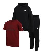 Conjunto de roupas esportivas New Balance Boys, 3 peças, tamanho 8, preto/vermelho Conjunto de roupas esportivas New Balance Boys, 3 peças, tamanho 8, preto/vermelho