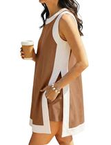 Conjunto de roupas femininas Hooever Color Block com gola redonda, cáqui escuro Conjunto de roupas femininas Hooever Color Block com gola redonda, cáqui escuro