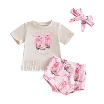Conjunto de roupas Fernvia Western Toddler Baby Girl, 3 peças (camiseta, shorts e faixa de cabeça) Conjunto de roupas Fernvia Western Toddler Baby Girl, 3 peças (camiseta, shorts e faixa de cabeça)