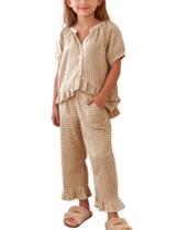 Conjunto de roupas Flygo Girls Gingham Cotton Plaid, 2 peças, cáqui Conjunto de roupas Flygo Girls Gingham Cotton Plaid, 2 peças, cáqui
