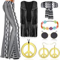 Conjunto de roupas hippie Costume Mukum, 8 peças dos anos 60 e 70, preto-L Conjunto de roupas hippie Costume Mukum, 8 peças dos anos 60 e 70, preto-L