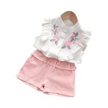 Conjunto de Roupas Infantil Verão - Camisa e Shorts Bordados sem Mangas - Meninas Conjunto de Roupas Infantil Verão - Camisa e Shorts Bordados sem Mangas - Meninas
