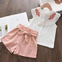 Conjunto de Roupas Infantil Verão - Camisa e Shorts Bordados sem Mangas - Meninas Conjunto de Roupas Infantil Verão - Camisa e Shorts Bordados sem Mangas - Meninas