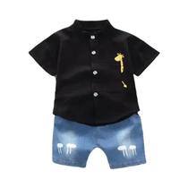 Conjunto de Roupas Infantil Verão - Camisa Jeans e Shorts com Desenho Animado