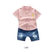 Conjunto de Roupas Infantil Verão - Camisa Jeans e Shorts com Desenho Animado