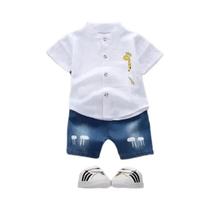 Conjunto de Roupas Infantil Verão - Camisa Jeans e Shorts com Desenho Animado