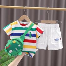 Conjunto De Roupas Infantis De Dinossauro Fofo Para O Verão: Camiseta Gola O, Shorts E Bolsa Para
