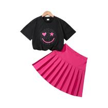 Conjunto De Roupas Infantis Estilo Coreano 2024: Camiseta Preta Com Estampa De Sorriso E Saia