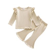 Conjunto de roupas Kupretty Baby Girl Fall Ribbed Knit Ruffle, camiseta e calça Flare