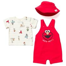 Conjunto de roupas: macacão curto Sesame Street Elmo, camiseta, chapéu 3T