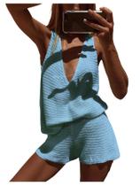 Conjunto de roupas MakeMechic para mulheres de verão com decote em V profundo, azul
