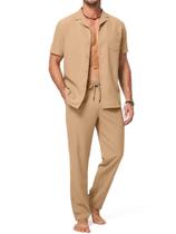 Conjunto de roupas masculinas Dokotoo, linho casual, 2 peças, caqui de praia