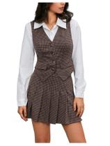 Conjunto de roupas Milumia, colete xadrez feminino, blazer e saia marrom
