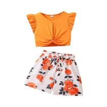 Conjunto De Roupas Para Meninas Adolescentes Com Top Cropped Laranja E Shorts Com Estampa De Flores