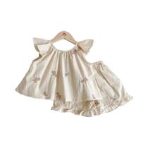 Conjunto De Roupas Para Meninas Com Urso Bordado, Colete De Manga Voadora E Shorts, Roupa Infantil