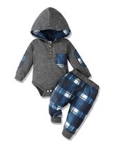 Conjunto de roupas Renotemy Baby Boy Hoodie com calça xadrez 0-3M azul Conjunto de roupas Renotemy Baby Boy Hoodie com calça xadrez 0-3M azul