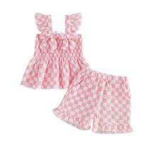 Conjunto de roupas Rourufy Baby Girl Summer Checkerboard, 2 peças 3-4T Conjunto de roupas Rourufy Baby Girl Summer Checkerboard, 2 peças 3-4T