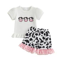 Conjunto de roupas Summffie Toddler Baby Girl Summer 2-3 anos com bordado de vaca