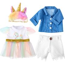 Conjunto de roupas Teddy Bear, saia de unicórnio e jaqueta jeans de 14-18 polegadas