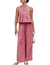 Conjunto de roupas VATEAMI Gingham Xadrez sem mangas com babado para mulheres Conjunto de roupas VATEAMI Gingham Xadrez sem mangas com babado para mulheres