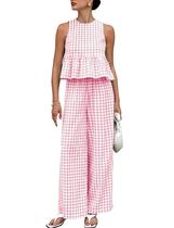 Conjunto de roupas VATEAMI Gingham xadrez sem mangas com babados rosa