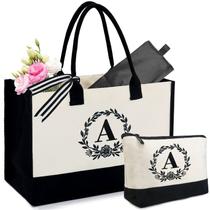 Conjunto de sacolas de lona BeeGreen Letter A com monograma presente bordado personalizado para mulheres, mães e dama de honra (A)