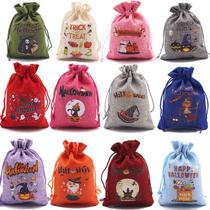 Conjunto de sacolas de presente com cordão em estilo de linho de Halloween, 12 unidades Conjunto de sacolas de presente com cordão em estilo de linho de Halloween, 12 unidades