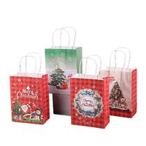 Conjunto de sacolas de presente Kraft de Natal xadrez com estampas natalinas, 12 unidades Conjunto de sacolas de presente Kraft de Natal xadrez com estampas natalinas, 12 unidades