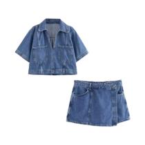 Conjunto De Saia E Top De Jeans Feminino Slim Fit Com Gola Curta Assimétrica, Moda Em 2 Peças