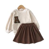 Conjunto De Saia E Top De Plush Para Meninas De 3 a 7 Anos, Roupas De Outono E Inverno Para Crianças
