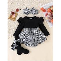 Conjunto De Saia E Top Em Estampa Pied-de-Poule Preto Para Bebês Meninas De 0 a 1 Ano Com Faixa De