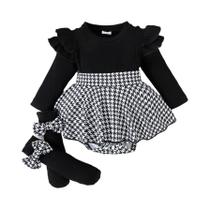 Conjunto De Saia Houndstooth Preta E Faixa De Cabelo Para Bebês Meninas De 0 a 1 Ano, Macacão