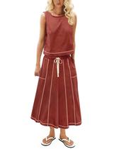 Conjunto de saia HOWALOOK feminino de algodão sem mangas drapeado Rust Conjunto de saia HOWALOOK feminino de algodão sem mangas drapeado Rust
