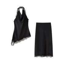 Conjunto De Saia Midi De Renda E Cetim Para Mulheres, Top Halter, Roupas Elegantes De Verão Conjunto De Saia Midi De Renda E Cetim Para Mulheres, Top Halter, Roupas Elegantes De Verão