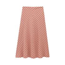 Conjunto De Saia Midi Xadrez Vermelha De Cintura Alta Para Mulheres, Roupa Casual De Verão Para
