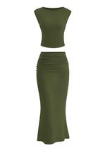 Conjunto de Saia PRETTYGARDEN 2 Peças Top Cropped Saia Longa Maxi Verde Militar P