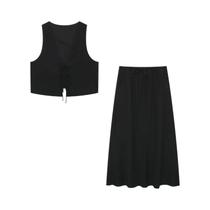 Conjunto De Saias Femininas De Verão, Sem Mangas, Decote Em V, Com Renda, Saia Longa Plissada,