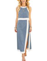 Conjunto de saias Seetaa Summer sem mangas Colorblock GreyBlue-M para mulheres Conjunto de saias Seetaa Summer sem mangas Colorblock GreyBlue-M para mulheres