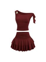 Conjunto de saias SOLY HUX, feminino, sem ombros, Y2k, babados, cor de vinho