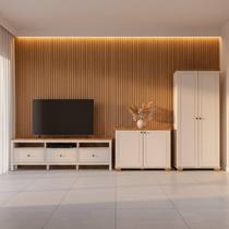 Conjunto de Sala com Rack, Estante e 1 Armário Madeira Maciça Ananda CabeCasa MadeiraOriginals Branco Off White/Mel Off White/Mel
