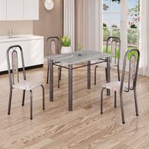 Conjunto de Sala de Jantar 100cm x 60cm Tampo Granito Topázio com 4 Cadeiras Lívia Prata/Botanic Bege/Mart Conjunto de Sala de Jantar 100cm x 60cm Tampo Granito Topázio com 4 Cadeiras Lívia Prata/Botanic Bege/Mart