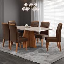 Conjunto de Sala de Jantar 160x77,8cm Tampo com Vidro e 6 Cadeiras Tannat Mel / Off White / Marrom Conjunto de Sala de Jantar 160x77,8cm Tampo com Vidro e 6 Cadeiras Tannat Mel / Off White / Marrom